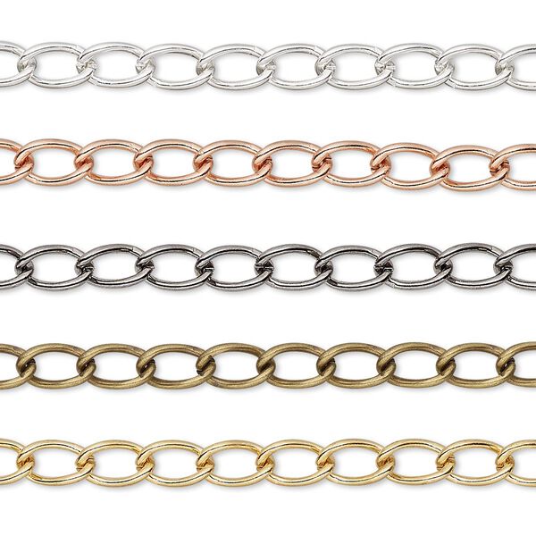 Extender chain mix, gold- / silver- / gunmetal- / copper- / antique gold-plated brass, 4mm curb. Sold per pkg of (5) 3-inch sections. image number 0