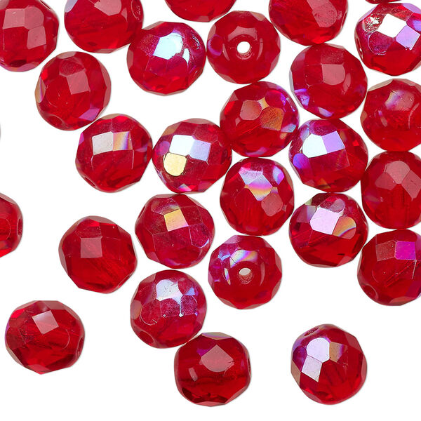 Bead 1pkg1 Czech fire-polished glass, 8mm faceted round, half-mass translucent light red AB image number 0