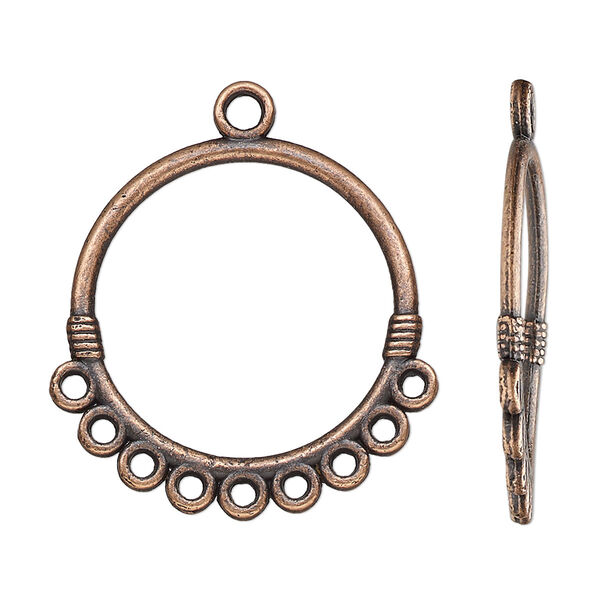 Drop, antique copper-finished "pewter" (zinc-based alloy), 26mm double-sided open round with 9 closed loops. Sold per pkg of 10. image number 0