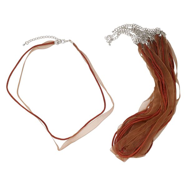 Necklace, choker, antique silver-finished steel / nylon / organza, brown, 9.5mm width. Sold per pkg of pkg of (10) 15-1/2" to 16" strands. image number 0