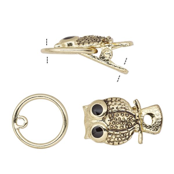 Clasp, alligator clip, enamel with antique gold-finished steel and "pewter" (zinc-based alloy), black, 20x16mm owl. Sold individually. image number 0