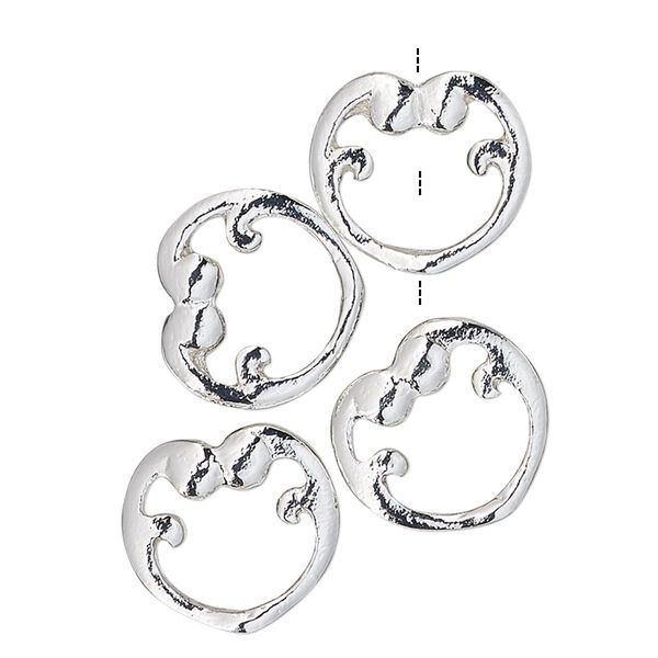 Bead frame, silver-finished "pewter" (zinc-based alloy), 12x11mm heart with curls, fits up to 5mm bead. Sold per pkg of 4. image number 0