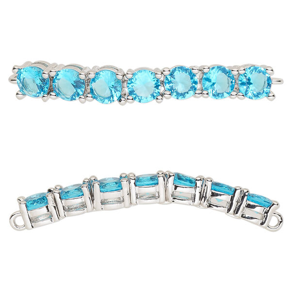 Focal, cubic zirconia and silver-plated brass, aqua, 40x5mm curved rectangle. Sold individually. image number 0