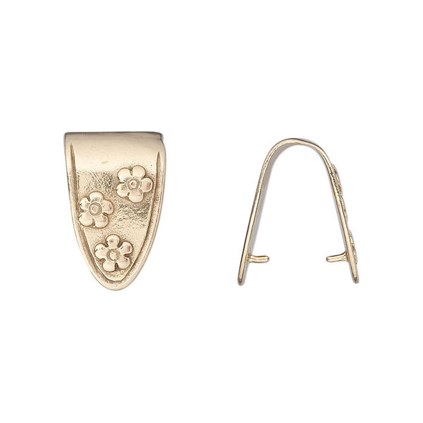 Bail, JBB Findings, fold-over, brass, 15.5x10.5mm shield with flowers, 13mm grip length. Sold individually. image number 0