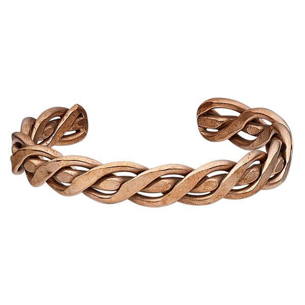 Bracelet, cuff, copper-plated brass, 12mm wide with braided design, 8 inches. Sold individually. image number 0