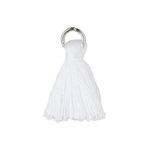 Tassel, cotton and imitation rhodium-finished steel, white, 20-24mm mini tassel with 6mm open jump ring. Sold per pkg of 6.