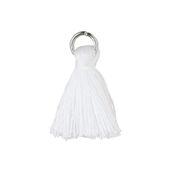 Tassel, cotton and imitation rhodium-finished steel, white, 20-24mm mini tassel with 6mm open jump ring. Sold per pkg of 6. image number 0