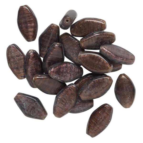 Bead, lampworked glass, translucent dark purple, 30x18mm-32x20mm flat marquise with copper-colored glitter. Sold per pkg of 20. image number 0