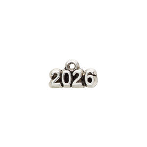 Charm 1pkg1, antiqued silver-plated pewter (tin-based alloy), 13x5mm single-sided "2026".