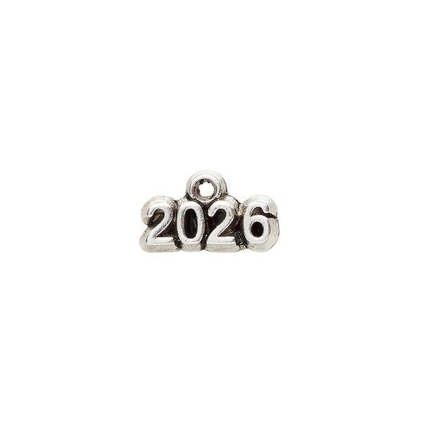 Charm 1pkg1, antiqued silver-plated pewter (tin-based alloy), 13x5mm single-sided "2026". image number 0