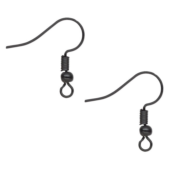 Ear wire, black-finished brass, 20mm fishhook with 3mm ball and 4mm coil with open loop, 21 gauge. Sold per pkg of 20 pairs. image number 0