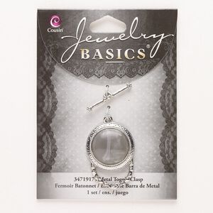 Clasp toggle 1pkg1 "pewter" (zinc alloy), 33x24mm round, silver-finished acrylic grey 1-strand