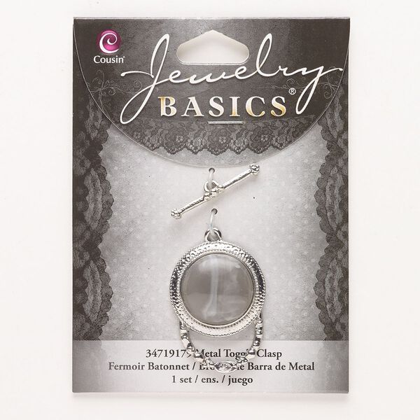Clasp toggle 1pkg1 "pewter" (zinc alloy), 33x24mm round, silver-finished acrylic grey 1-strand image number 0