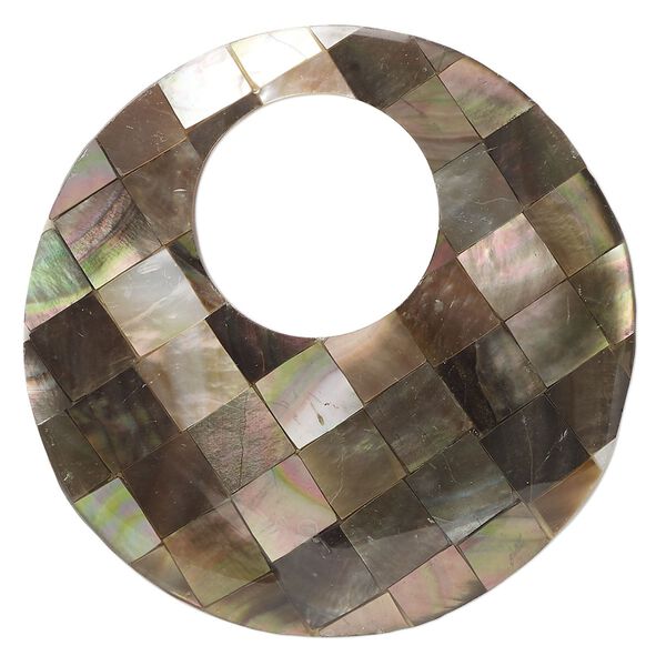 Focal, brown lip shell (assembled), 50mm single-sided iridescent checkerboard go-go, Mohs hardness 3-1/2. Sold individually. image number 0