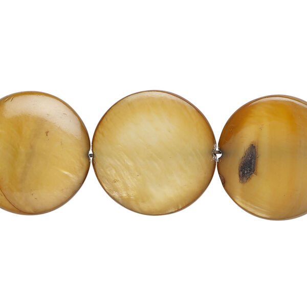 Mother-of-pearl shell 1pkg1, puffed flat round bead 15 inch golden brown 17-18mm image number 0