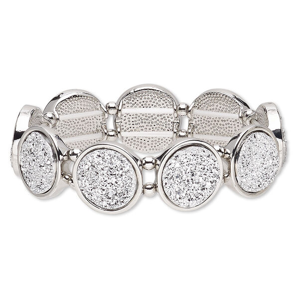 Bracelet, stretch, druzy (imitation) / silver-coated plastic / silver-plated "pewter" (zinc-based alloy), white, 19mm wide with 19mm flat round, 6-1/2 inches. Sold individually. image number 0