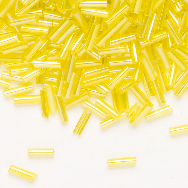 Bead, Ming Tree™, bugle bead, glass, pkg/1/4 pound, 1/4 inch, rainbow transparent yellow. image number 0