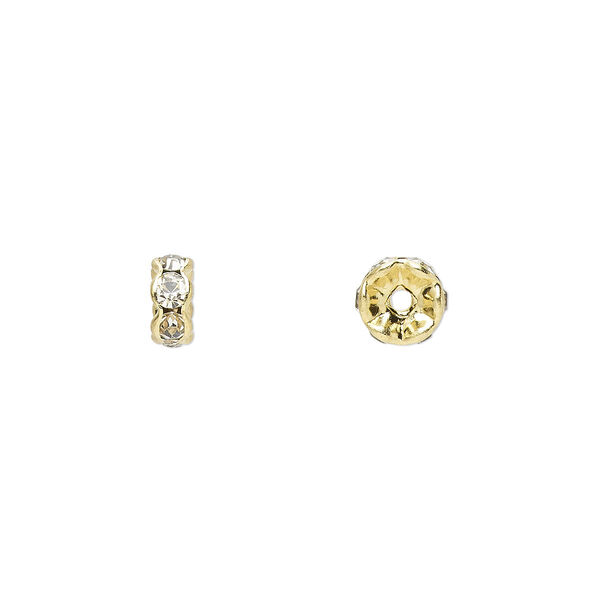 Bead, glass rhinestone and gold-finished brass, clear, 5x2mm rondelle. Sold per pkg of 10. image number 0