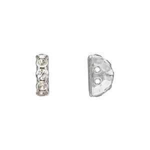 Spacer, glass rhinestone and silver-plated brass, clear, 12x4mm 2-strand half-round bridge, fits up to 3.5mm bead. Sold per pkg of 10.