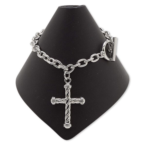 Bracelet, imitation rhodium-plated steel and "pewter" (zinc-based alloy), 32.5x25mm cross, 7 inches with toggle clasp. Sold individually. image number 0