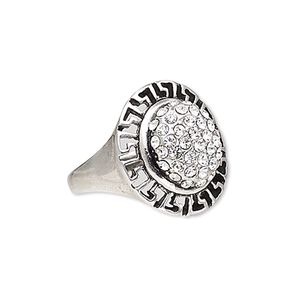 Ring, Austrian crystal and antique silver-plated "pewter" (zinc-based alloy), clear, 20x18.5mm oval, size 8. Sold individually.