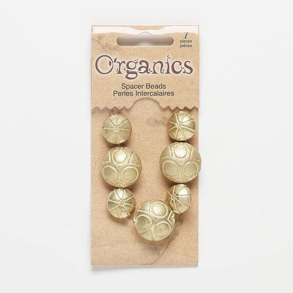 Bead, gold-finished "pewter" (zinc-based alloy), 14mm matte puffed flat round with dot and line design and 19mm matte puffed flat round with circle and triangle design. Sold per pkg of 7. image number 0