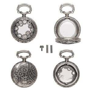 Watch body, acrylic and antique silver-finished "pewter" (zinc-based alloy), transparent clear, 41x27mm with 27mm round and gear with floral design. Sold per 5-piece set.