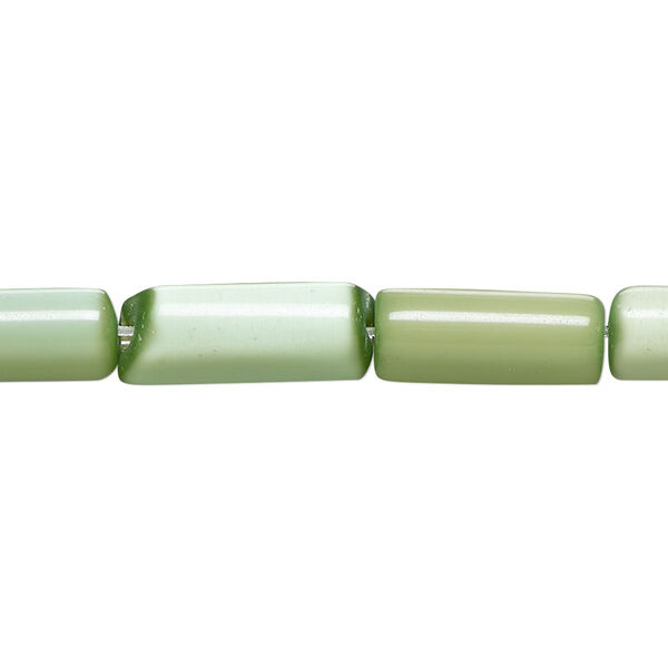 Bead, cat's eye glass (fiber optic glass), green, 15x4mm-17x6mm round tube. Sold per 14-inch strand, approximately 25 beads. image number 0