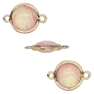 Link, Opalized Ice™, "opal" (resin) and gold-finished brass, light pink, 14mm double-sided round. Sold per pkg of 4.