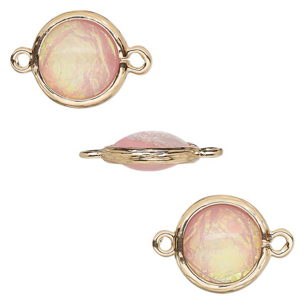 Link, Opalized Ice™, "opal" (resin) and gold-finished brass, light pink, 14mm double-sided round. Sold per pkg of 4. image number 0