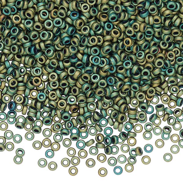 Seed bead, Miyuki, glass, pkg/10g, 2.2x1mm spacer rondelle, opaque matte metallic iris green patina, (SPR2.2-2008). image number 0