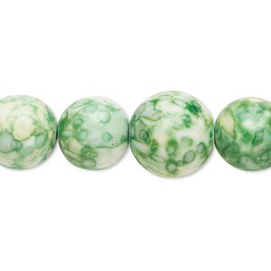 Bead, resin and painted ceramic, green / white / yellow, 6-14mm graduated round. Sold per 15" to 16" strand.