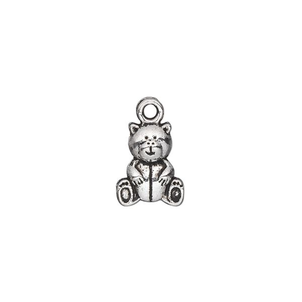 Charm, antique silver-plated "pewter" (zinc-based alloy), 13x11mm double-sided teddy bear. Sold per pkg of 20. image number 0