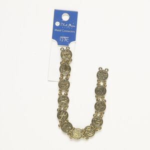 Link mix, gold-finished "pewter" (zinc-based alloy) and steel, 12mm two-sided flat round with zodiac signs. Sold per pkg of 12.