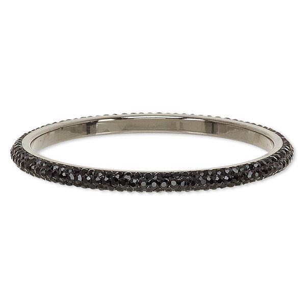Bracelet, bangle, epoxy / Preciosa glass rhinestone / gunmetal-plated brass, black, 6mm wide, 8-1/2 inches. Sold individually. image number 0