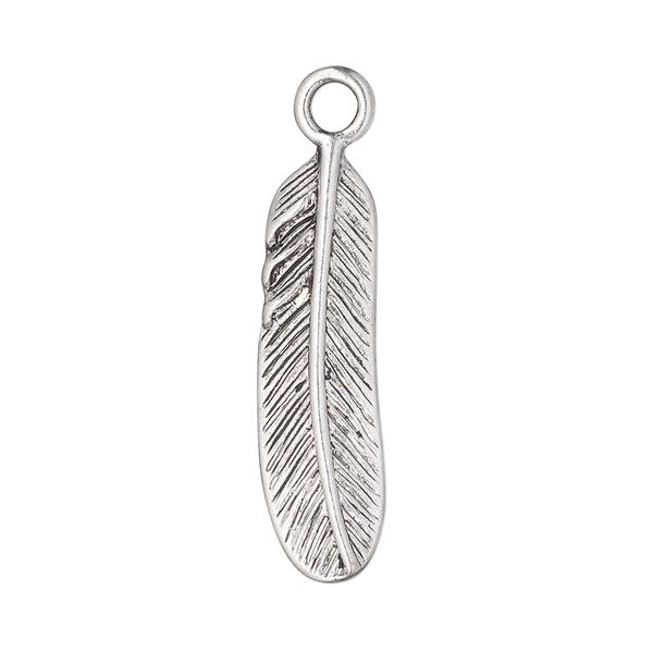Focal, antique silver-plated "pewter" (zinc-based alloy), 30x8mm single-sided feather. Sold per pkg of 10. image number 0