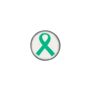 Bead, polymer clay, white / black / green, 14mm double-sided flat round with awareness ribbon. Sold per pkg of 30.