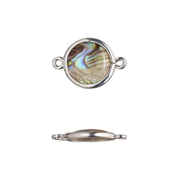 Link, paua shell and imitation rhodium-finished brass (assembled), 12.5-13.5mm double-sided round. Sold per pkg of 4. image number 0