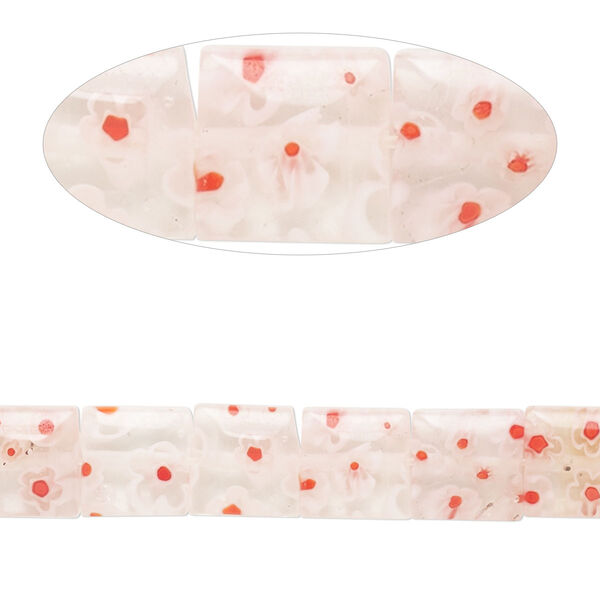 Bead, millefiori glass, transparent clear and multicolored, 7mm-9x8mm puffed square with flower design. Sold per 14-inch strand. image number 0