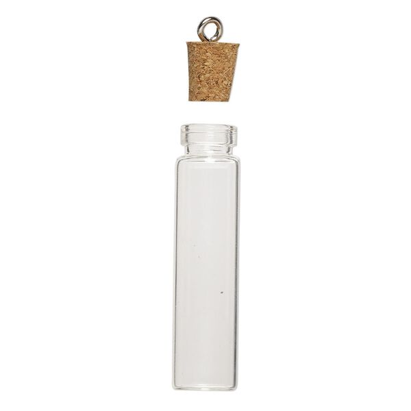 Component, glass / cork / nickel-finished steel, clear, 45x11mm bottle with stopper and screw eye. Sold per pkg of 10. image number 2