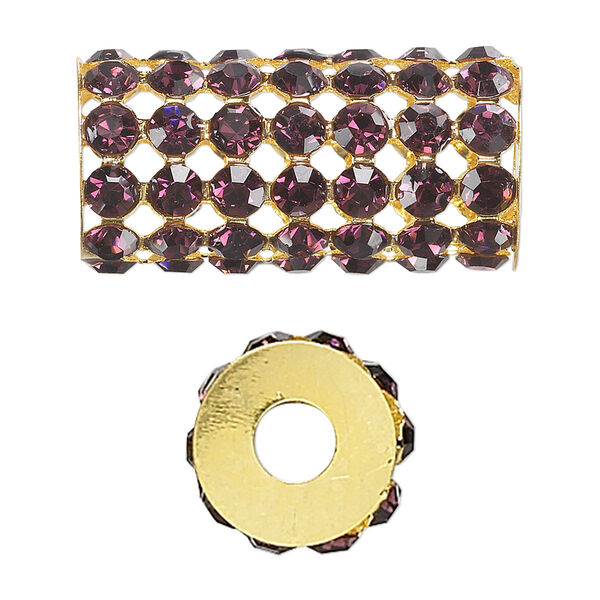 Bead, glass rhinestone and gold-finished brass, purple, 32x15mm cylinder with 4mm chatons, 5.75mm hole. Sold individually. image number 0