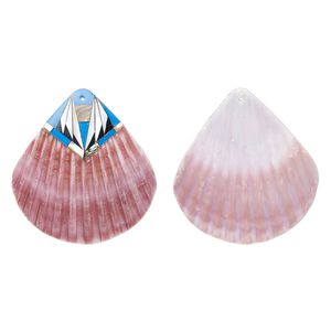 Focal, sea scallop shell / multi-shell / resin (dyed/assembled), mauve / medium blue / multicolored, 53x50mm, Mohs hardness 3-1/2. Sold individually.