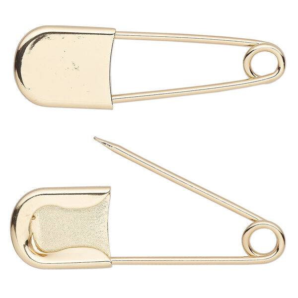 Safety pin, gold-finished steel and "pewter" (zinc-based alloy), 2-1/2 x 3/4 inches. Sold per pkg of 2. image number 0