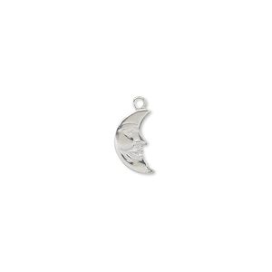 Charm, silver-plated brass, 10x6mm moon face. Sold per pkg of 50.