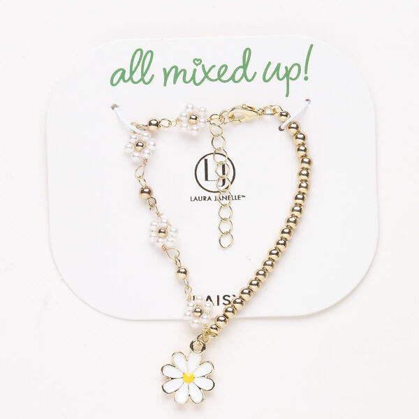 Bracelet, steel / brass / acrylic pearl / enamel, pkg/1, 6 inches with lobster claw clasp and 1-1/2-inch extender chain, gold finish / white and yellow, Daisy theme. image number 0