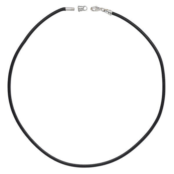 Necklace cord, leather (dyed) and sterling silver, black, 3mm round with twist-off end, 18 inches with lobster claw clasp. Sold individually. image number 0