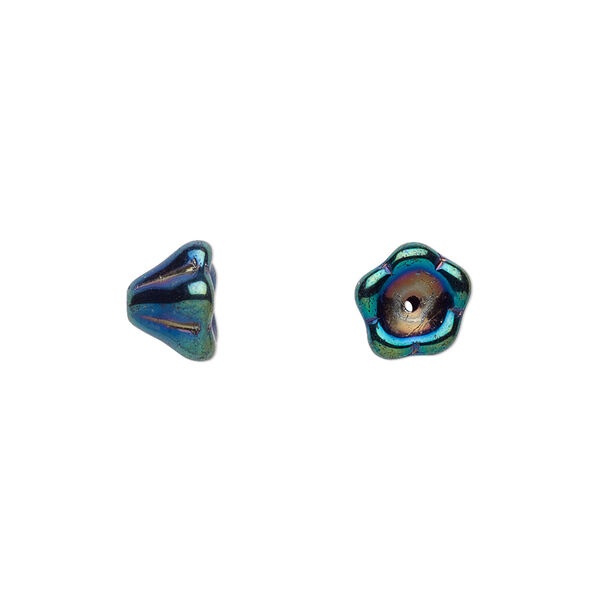 Bead, Czech pressed glass, iris blue, 8.5x6.5mm flower. Sold per 15-1/2" to 16" strand, approximately 80 beads. image number 0