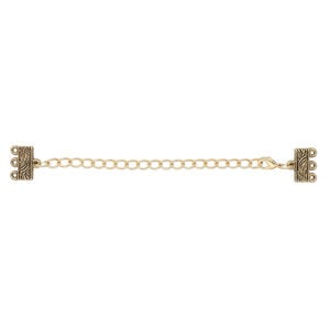 End bar, antique gold-finished "pewter" (zinc-based alloy), 32x13mm with 13x6mm 3-strand rectangle and 3-inch extender chain with lobster claw clasp. Sold per pkg of 6.