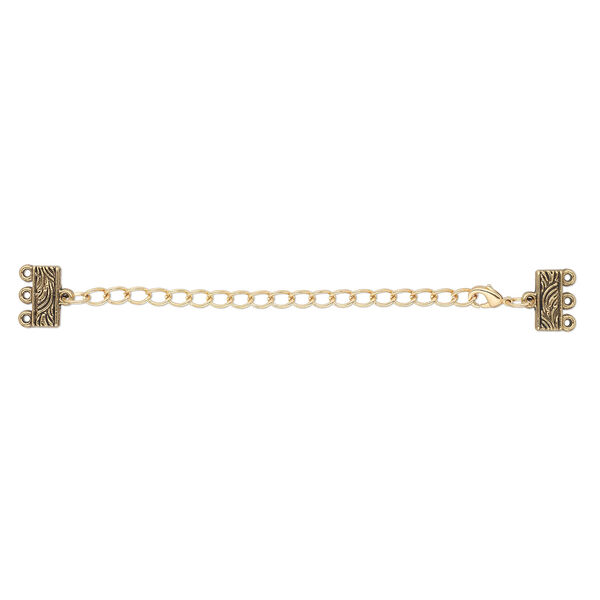 End bar, antique gold-finished "pewter" (zinc-based alloy), 32x13mm with 13x6mm 3-strand rectangle and 3-inch extender chain with lobster claw clasp. Sold per pkg of 6. image number 0