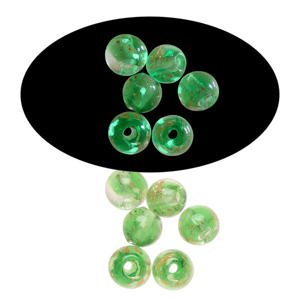 Bead, lampworked glass, clear / green / glow-in-the-dark / gold, 6mm round. Sold per pkg of 6. image number 0